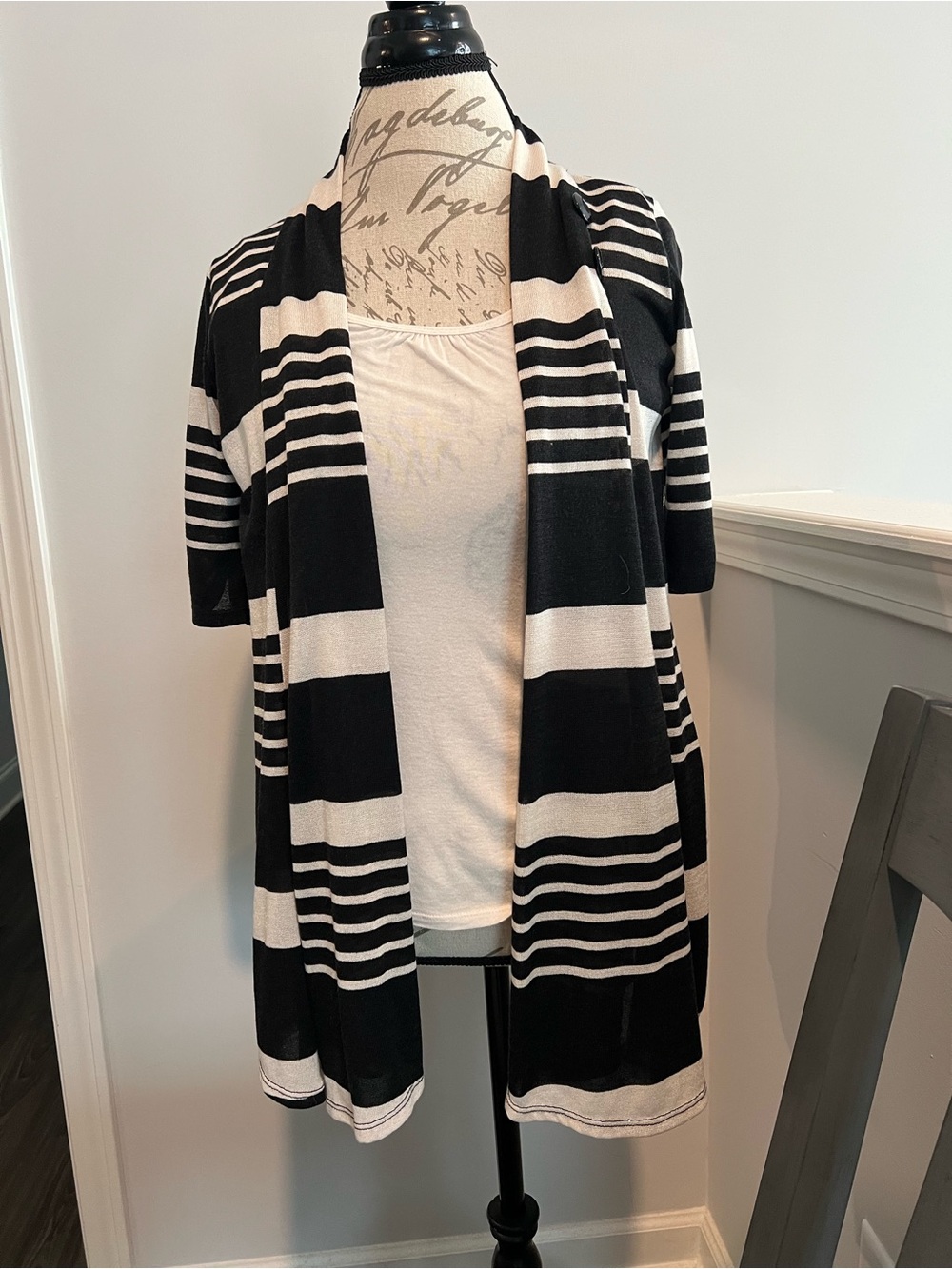 Black and Cream Striped Open Cardigan